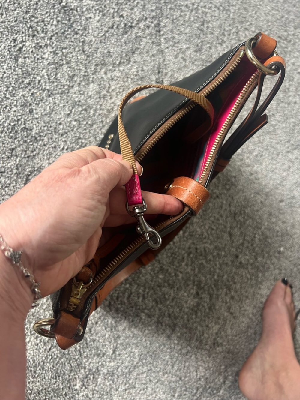 Dooney & Bourke Black Leather Shoulder Bag with Tan Accents - Picture 5 of 8